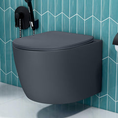 Plantex Imported Ceramic Wall Hung Commode/Rimless Washdown Flush Western Toilet/Commode with Soft Closing Toilet Seat - P Trap (Round - Matt Grey)-1
