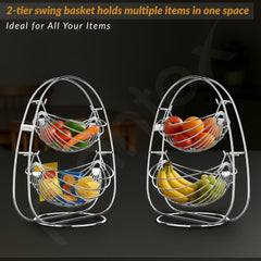 Plantex 2-Tier Swing Fruit Basket for Dining Table/Stainless Steel Fruit Storage Basket for Kitchen/Vegetable Stand(Nickel Chrome Finish)-5