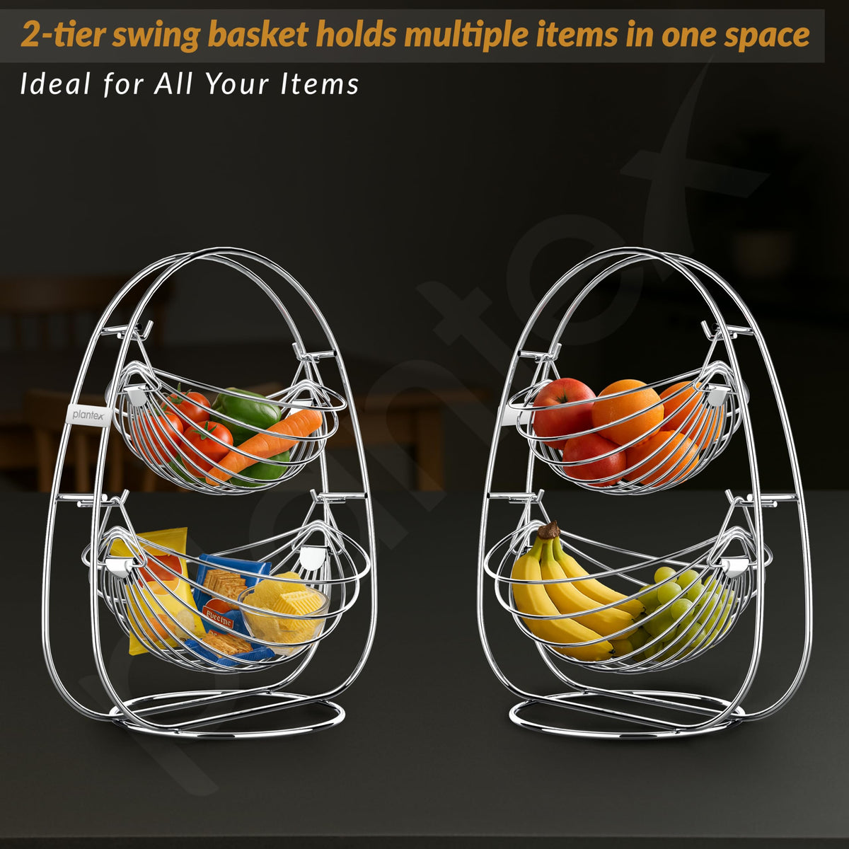 Plantex 2-Tier Swing Fruit Basket for Dining Table/Stainless Steel Fruit Storage Basket for Kitchen/Vegetable Stand(Nickel Chrome Finish)-5