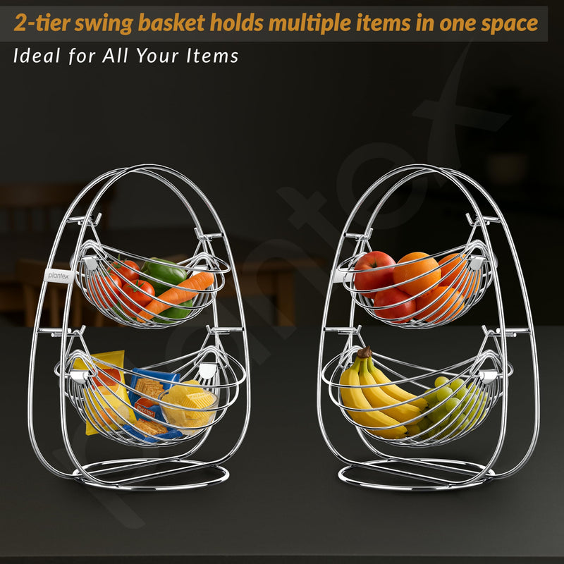 Plantex 2-Tier Swing Fruit Basket for Dining Table/Stainless Steel Fruit Storage Basket for Kitchen/Vegetable Stand(Nickel Chrome Finish)-5