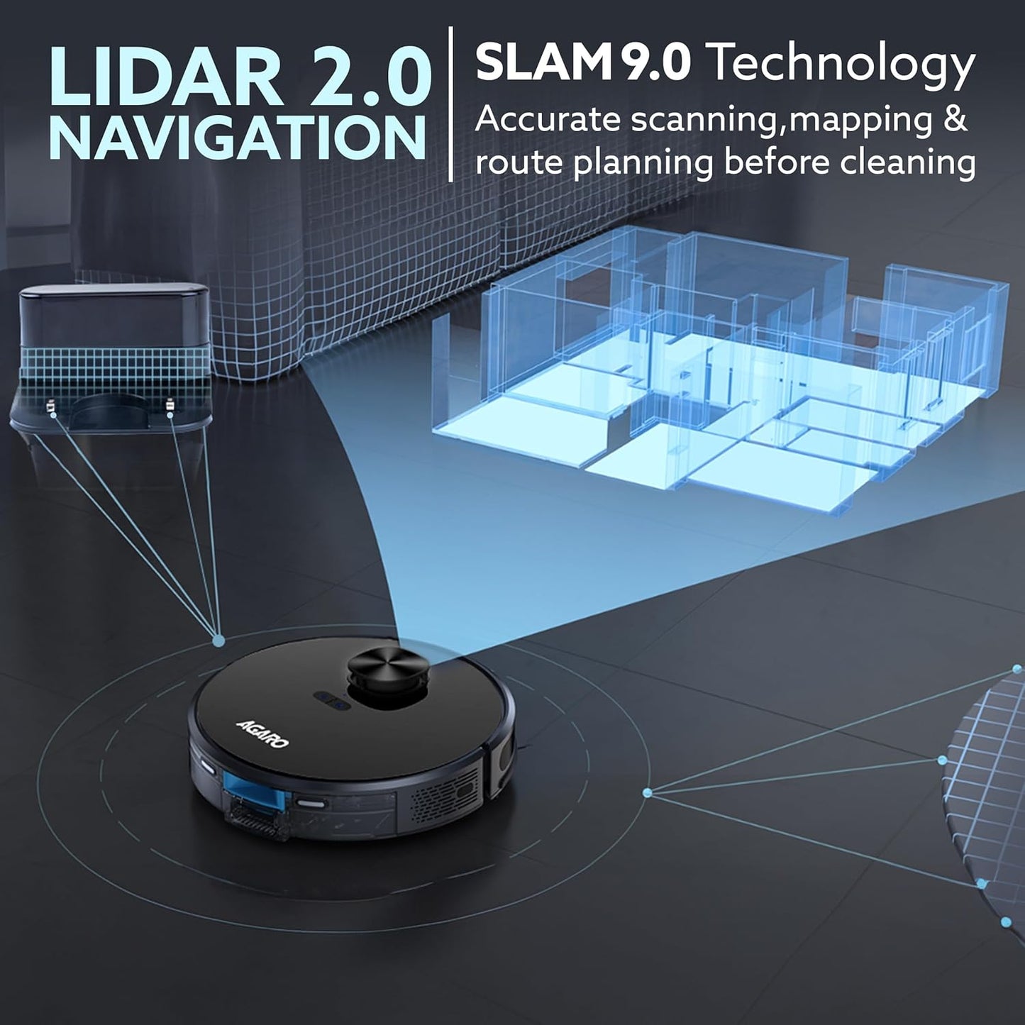 AGARO Alpha Robot Vacuum Cleaner, Brush, Dry Vacuum & Wet Mop, Automatic Cleaning, Upto 3200Pa Strong Suction, Rechargeable, App Control, Lidar Navigation, Editable Map to Clean, Hard Floor & Carpet