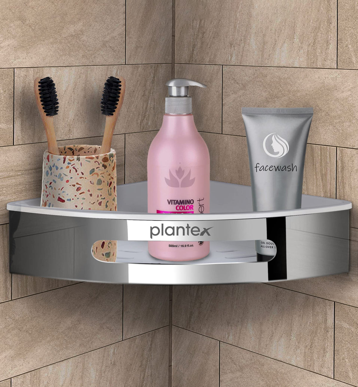 Plantex Corner Shelf for Bathroom Wall / 304 Grade Stainless Steel Bathroom Corner Rack/Bathroom Organizer/Kitchen Side Corner Shelf/Kitchen Shelf -(Silver and White, 9x9 inches)-1