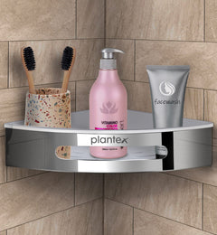 Plantex Corner Shelf for Bathroom Wall / 304 Grade Stainless Steel Bathroom Corner Rack/Bathroom Organizer/Kitchen Side Corner Shelf/Kitchen Shelf -(Silver and White, 9x9 inches)-1