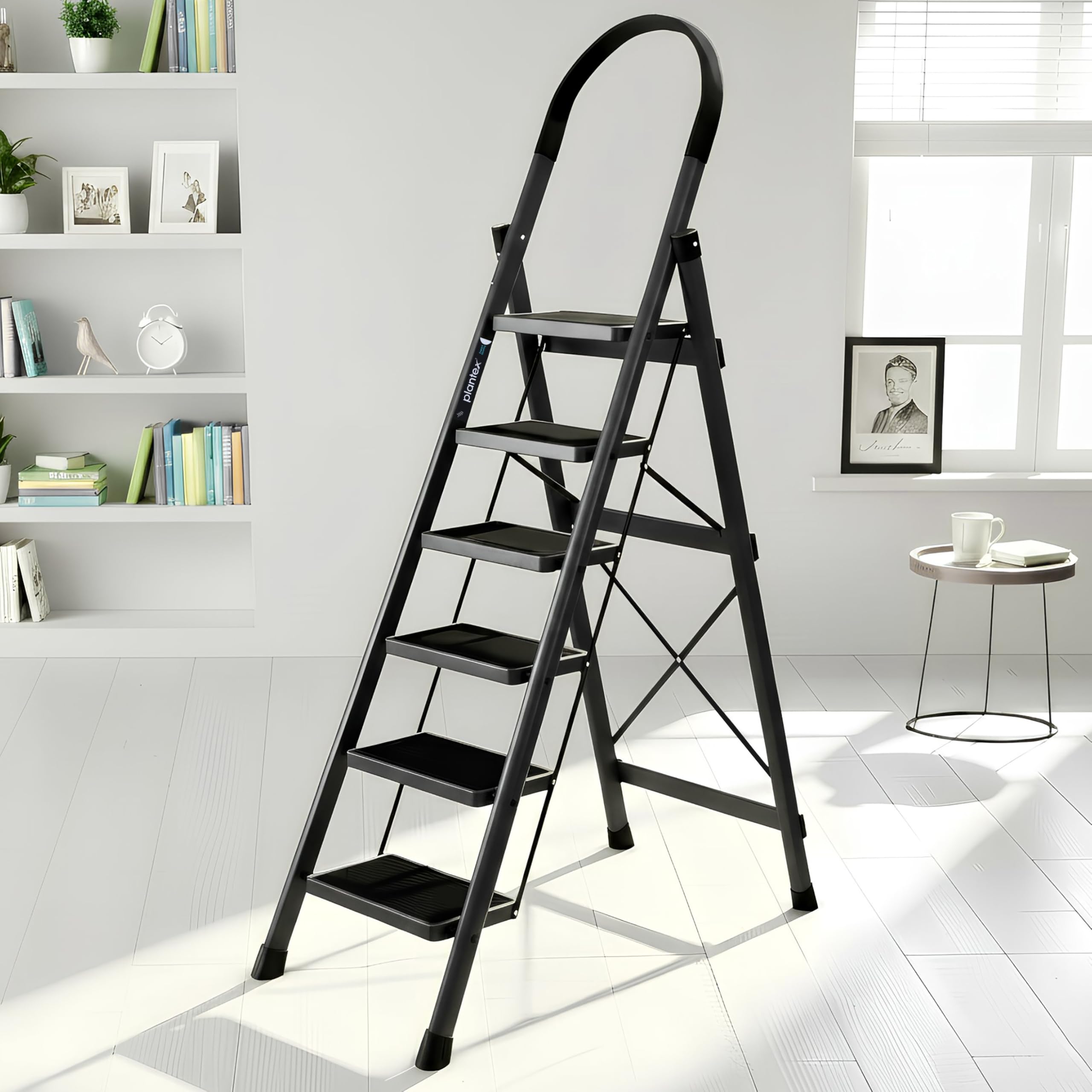 Plantex Ladder for Home 6 Steps/Foldable Ladder with Anti-Skid Wide Steps (30L x 20W cm)/Strong D-Shape Pipe with X-Support for More Stability/5 Year Warranty(Apex-White)