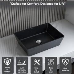 Plantex Table Top Basin for Bathroom/Quartz Rectangle Basin/Vessel Sink Over Counter for Home/Restaurant (Black, 18 x 13 x 5 Inch)-2