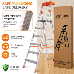 PROHOME Aluminium Ladder for Home 6 Steps Foldable with Tool Tray & Anti-Skid Wide Steps | 6 Step Ladder for Home Use, Kitchen & Household | 250 Kg Capacity Folding Ladder | 5 Year Warranty (Orange)
