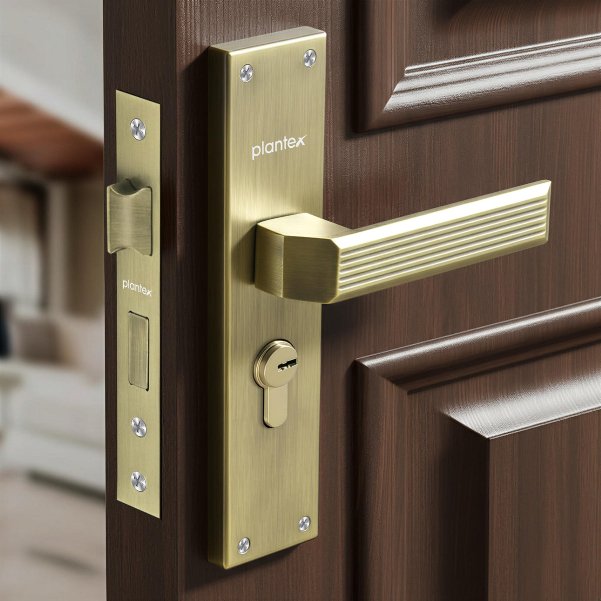 Plantex Stainless Steel Door Lock Handle Set/ 6-Lever Lock Mechanism with 3 Years of Warranty/Mortise Lock with 3 Keys, Brass Lock Body & Cylinder - (DTM-661, Brass Antique)-1