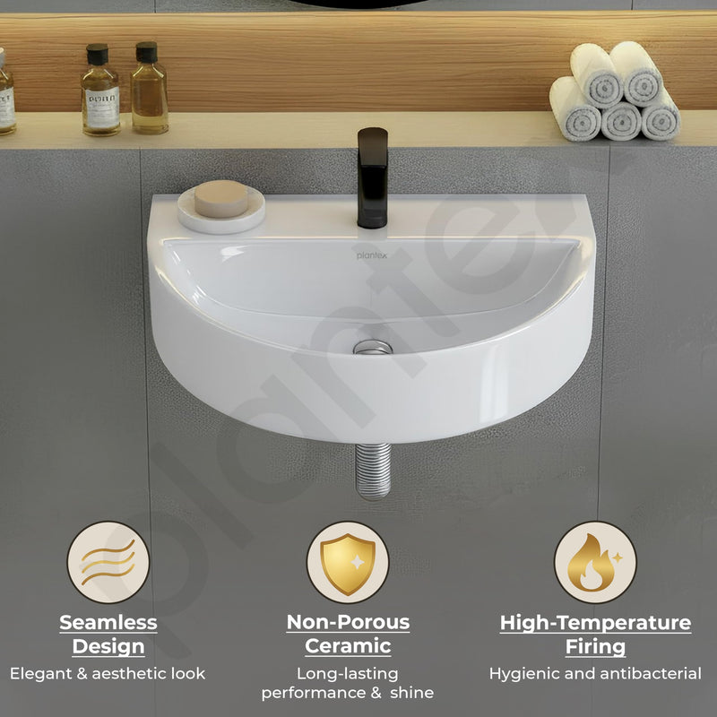 Plantex Ceramic Wall Mount Wash Basin for Bathroom/Wall Hung Basin/Bathroom Sink with 10 Years Glaze Warranty by Plantex//Washbasin for Restaurant, Hotel (Glossy White - Mark -17 x 12 x 4 Inch)-5