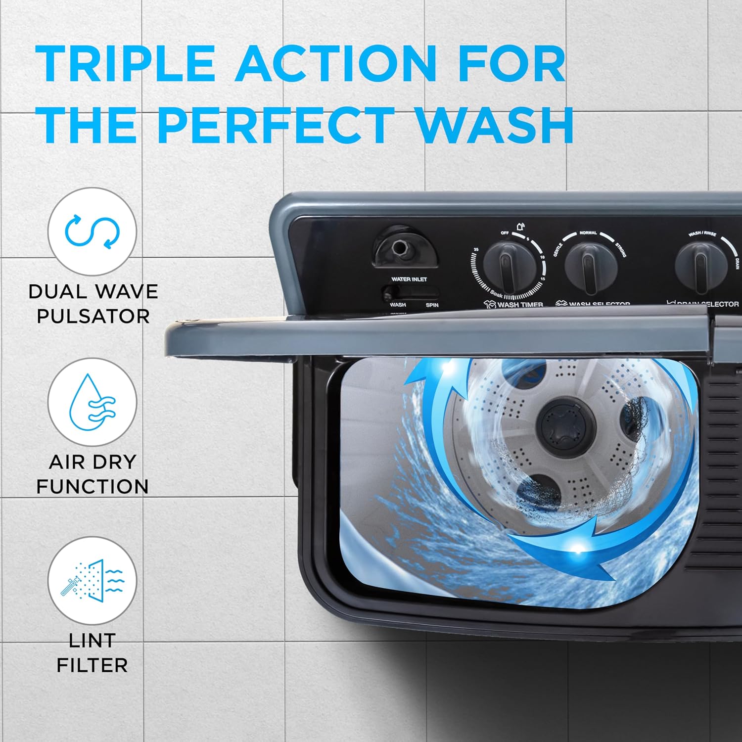 Midea 9 Kg 5 Star Semi Automatic Top-Load Washing Machine Black White (MWMSA090SAPPG(KW), Rat Away Feature, Air Jet Dry IPX4 Protection)