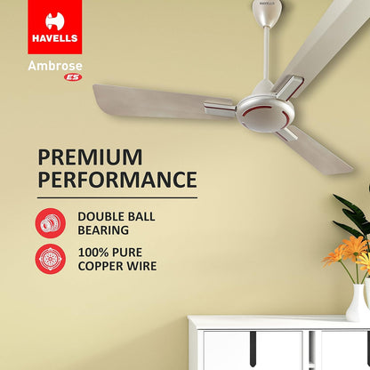 Havells 1200mm Ambrose ES Ceiling Fan|Premium Finish, Decorative Fan, Elegant Look, High Air Delivery, Energy Saving, 100% Pure Copper Motor|2 Year Warranty by Brand|(Pack of 1, Gold Mist Wood) 1 Star