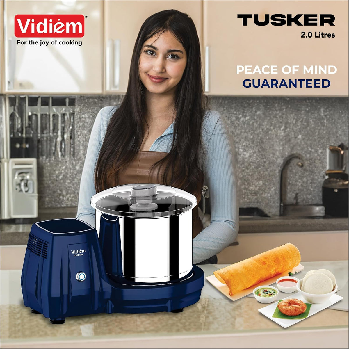 Vidiem Tusker 2.0L Table Top Wet Grinder | 200W Power Max Motor | Twin Wipers, Metal Chassis, Easy Lock | Stainless Stee