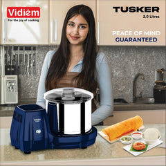 Vidiem Tusker 2.0L Table Top Wet Grinder | 200W Power Max Motor | Twin Wipers, Metal Chassis, Easy Lock | Stainless Stee