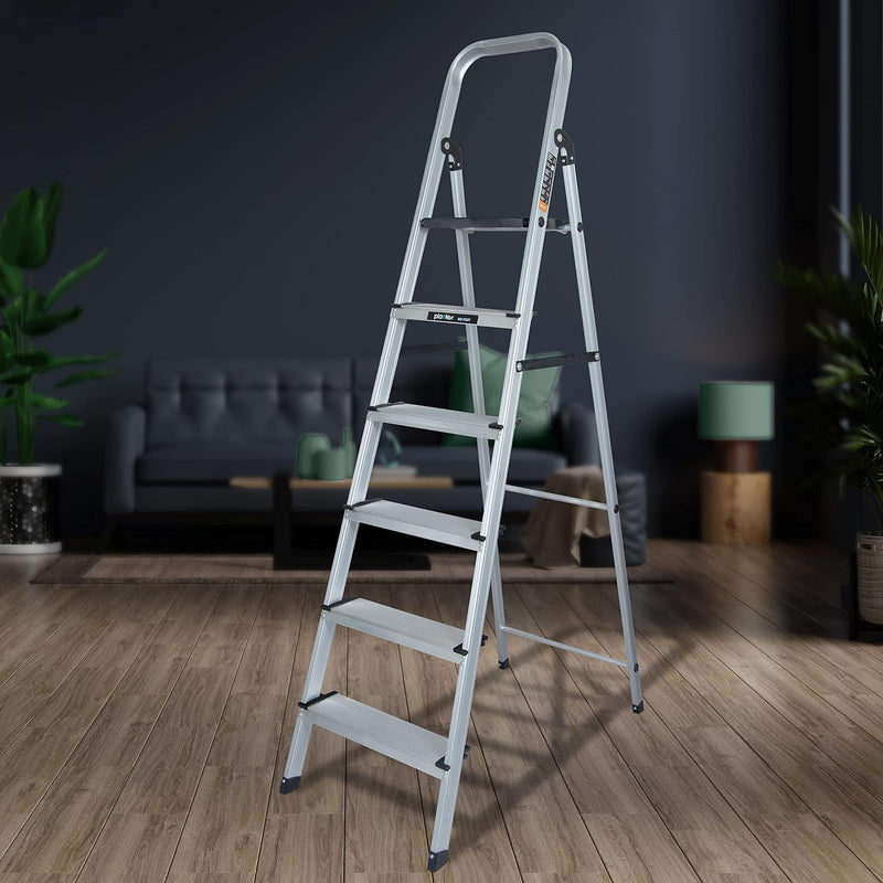 Plantex Big Foot 6 Step Ladder for Home/Aluminium Folding Ladder/Wide Anti-Skid Steps/Multipurpose Use (Black-Silver)