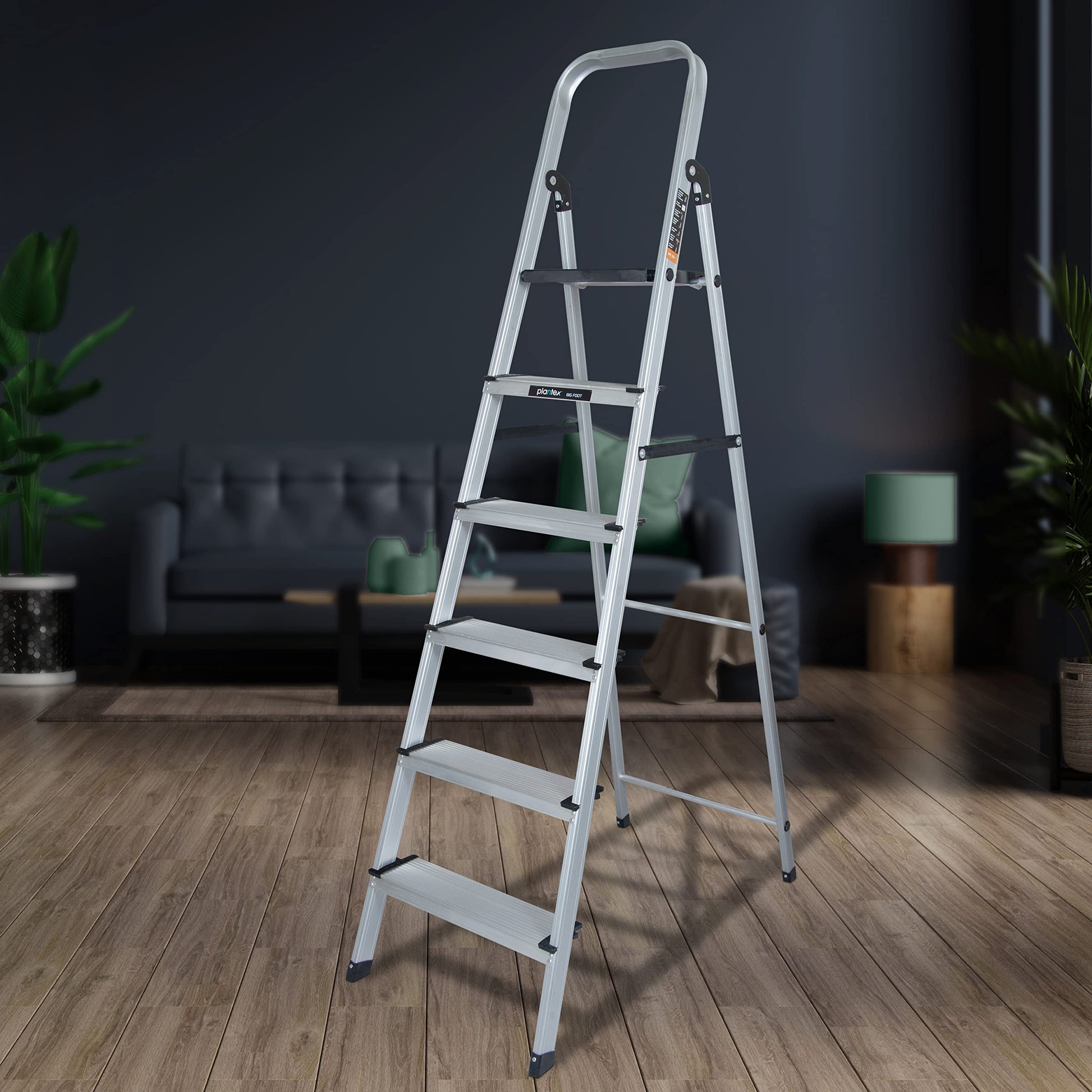 Plantex Big Foot 5 Step Foldable Aluminium Ladder/Step Ladder for Home Use with Wide Anti-Slip Steps and Secured Joints/5-Year Manufacturer Warranty(Black & Silver)