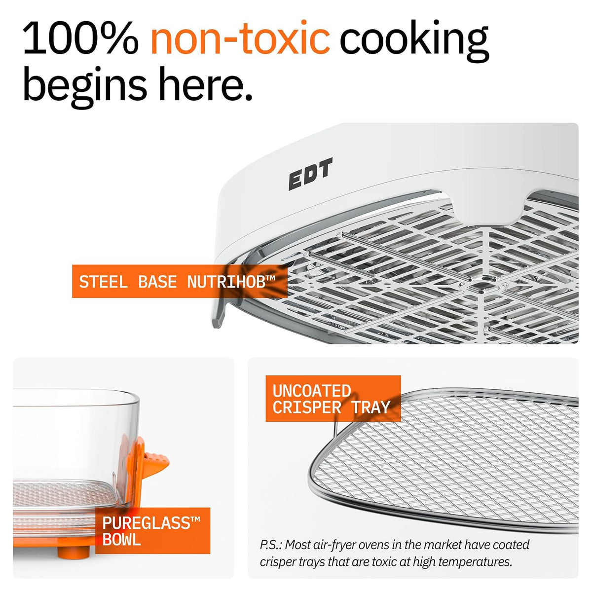 EDT Luma ZERO COATING PureGlass™ Air Fryer Oven | 4.5L + 2.5L Dual Bowl | NutriRetain™ | 6-in-1 Multi Function | 100% Toxin Free No Ceramic, PFAS, PTFE, PFOA | 1500W (Orange 4.5L + 2.5L)