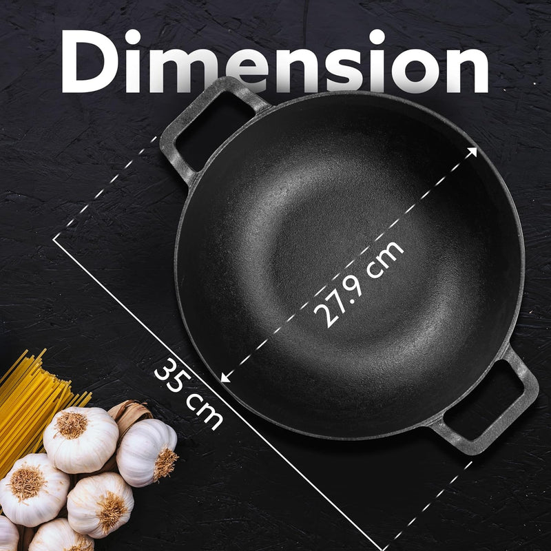 AGARO Royal Pre Seasoned Cast Iron Kadai with Glass Lid, No Chemical Coating, Rigid Iron Handle, 4.3L, Uni-Body Design, Fast Heating, Heavy Weight, Gas & Induction Oven Compatible, Cooking, Black