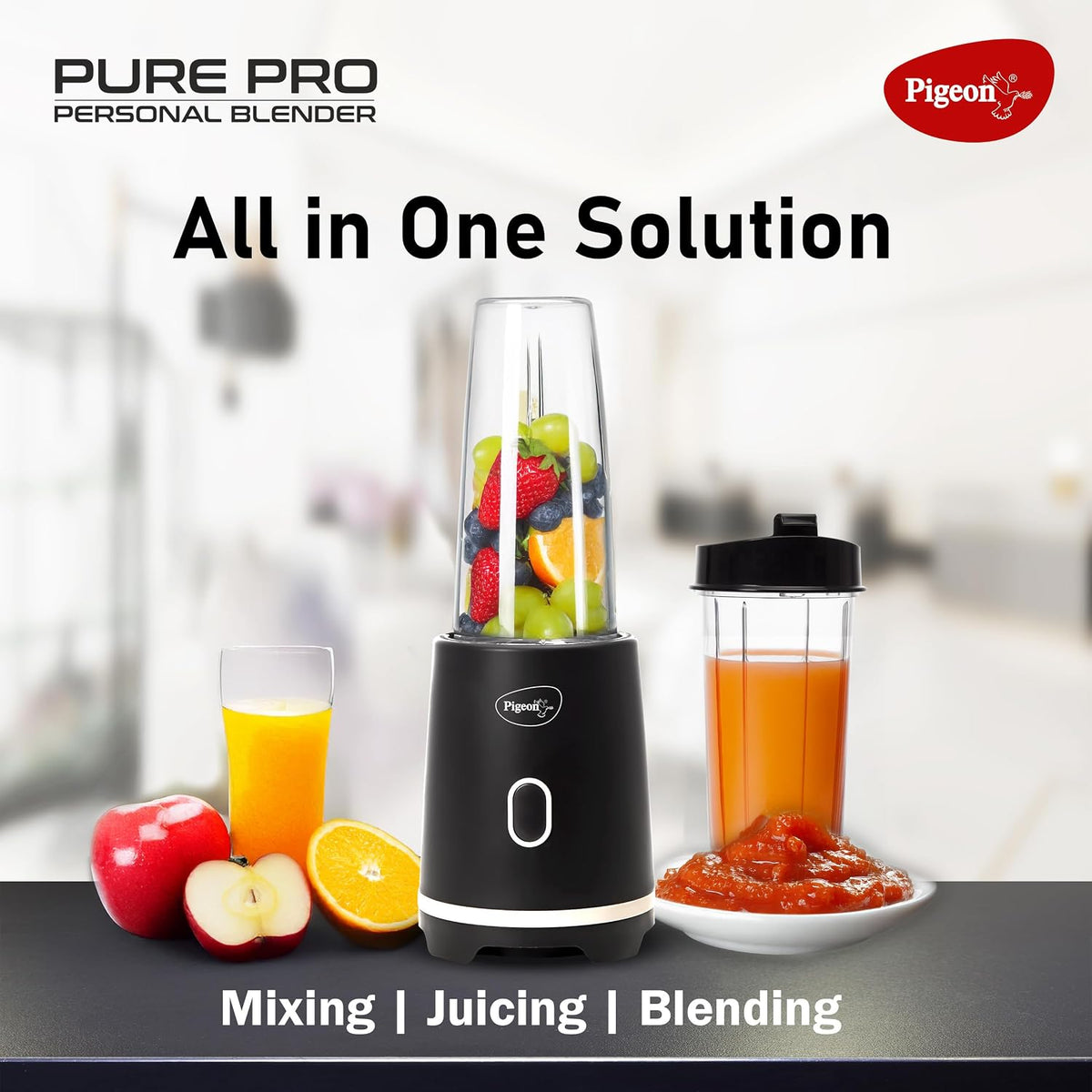 Pigeon by Stovekraft Pure Pro | Grinder Juicer Blender Smoothie Maker All-in-1 Machine | 300 Watt | ‎230 Volts | 2 Jars-