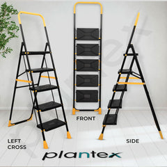 Plantex Premium Steel 5 Step Foldable Ladder for Home use/Folding Step Ladder with Anti Slip Steps and PVC Shoes/Portable ladders with Knee Guard Protection (Yellow & Black)