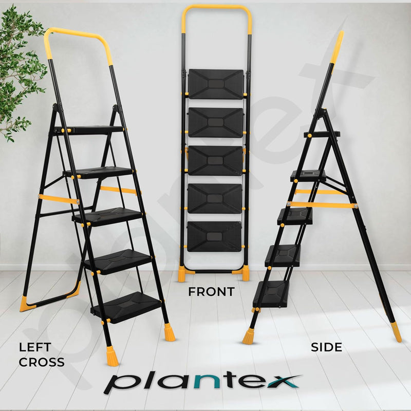 Plantex Premium Steel 5 Step Foldable Ladder for Home use/Folding Step Ladder with Anti Slip Steps and PVC Shoes/Portable ladders with Knee Guard Protection (Yellow & Black)