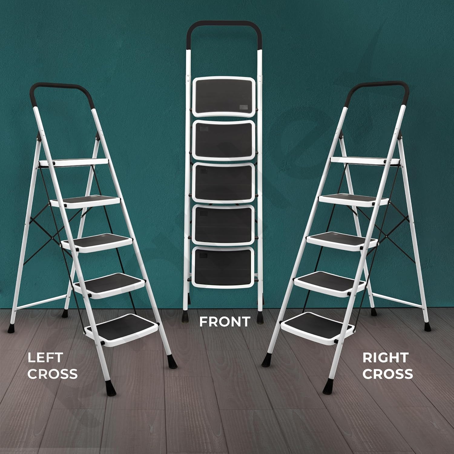 Plantex 5 Step Foldable Ladder for Home Use/Steel Ladder with Anti-Slip Shoes/Step Ladder with Double-Grip Technology(White & Black)