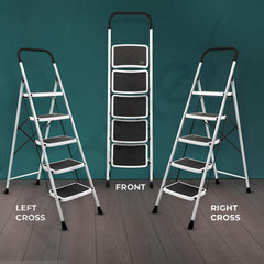 Plantex 5 Step Foldable Ladder for Home Use/Steel Ladder with Anti-Slip Shoes/Step Ladder with Double-Grip Technology(White & Black)