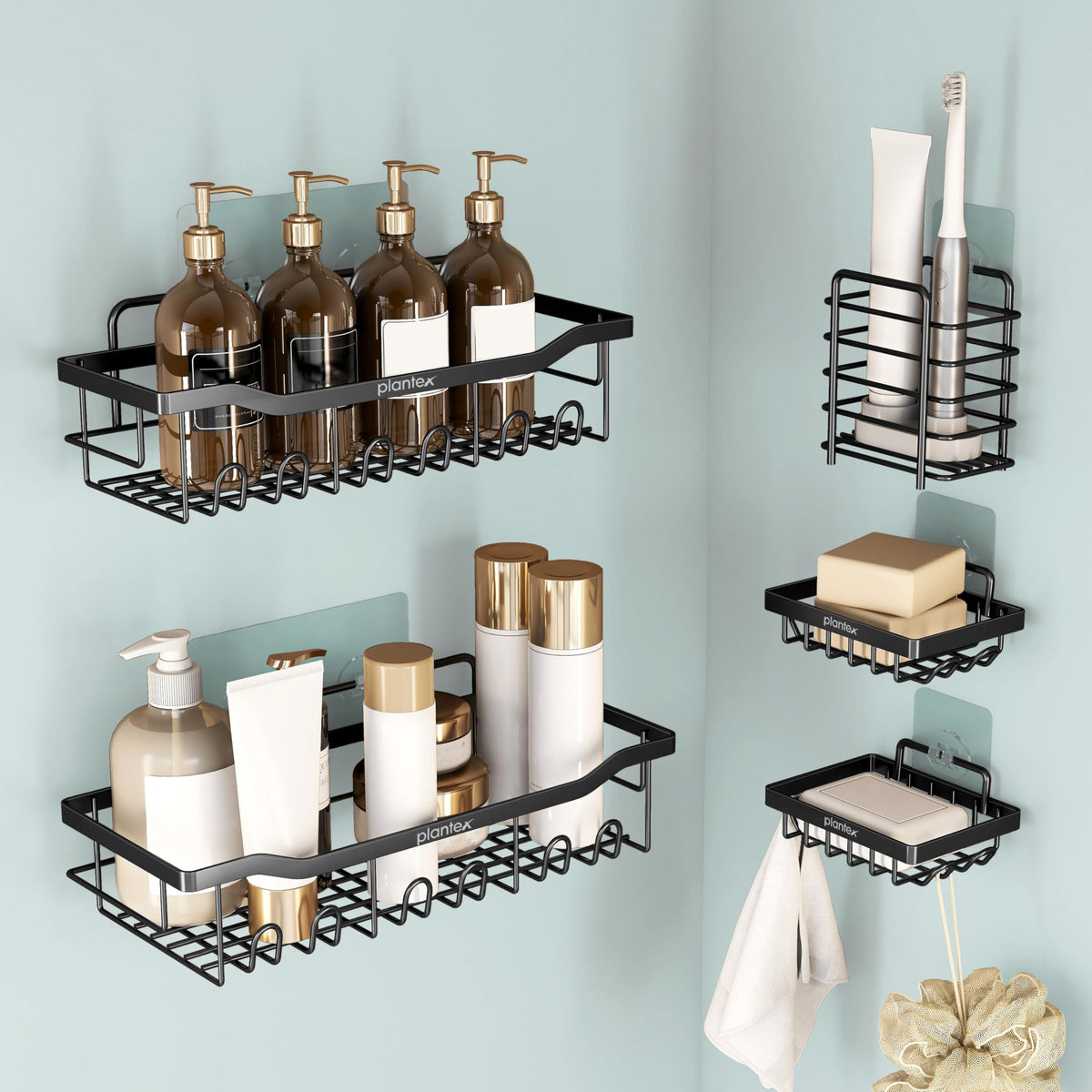 Plantex Bathroom Organiser without Drill/Self Adhesive Bathroom Shelf/Soap Stand for wall/Toothbrush Holder/Shelf for Washroom Wall/Hanging Shelf for Kitchen-(Black, Pack of 5)-1