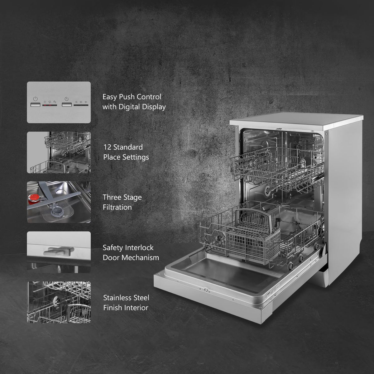 Kaff DW CENTRA 60 Dishwasher 12 Place Settings | 4 Wash Programs | Intensive, Eco, 90 Min & Rapid Wash | Stainless Steel