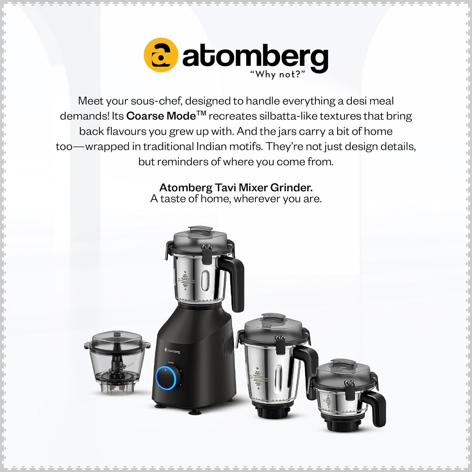 Atomberg Tavi Mixer Grinder | 𝟏𝟏𝟎𝐕 𝐎𝐧𝐥𝐲 𝐟𝐨𝐫 𝐔𝐒 & 𝐂𝐚𝐧𝐚𝐝𝐚 | Unique Coarse Mode for Silbatta-Like Texture | Intelligent 600W Motor | 4 Jars Including Chopper Jar | Matte Black