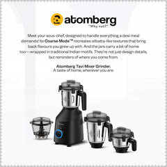Atomberg Tavi Mixer Grinder | 𝟏𝟏𝟎𝐕 𝐎𝐧𝐥𝐲 𝐟𝐨𝐫 𝐔𝐒 & 𝐂𝐚𝐧𝐚𝐝𝐚 | Unique Coarse Mode for Silbatta-Like Texture | Intelligent 600W Motor | 4 Jars Including Chopper Jar | Matte Black