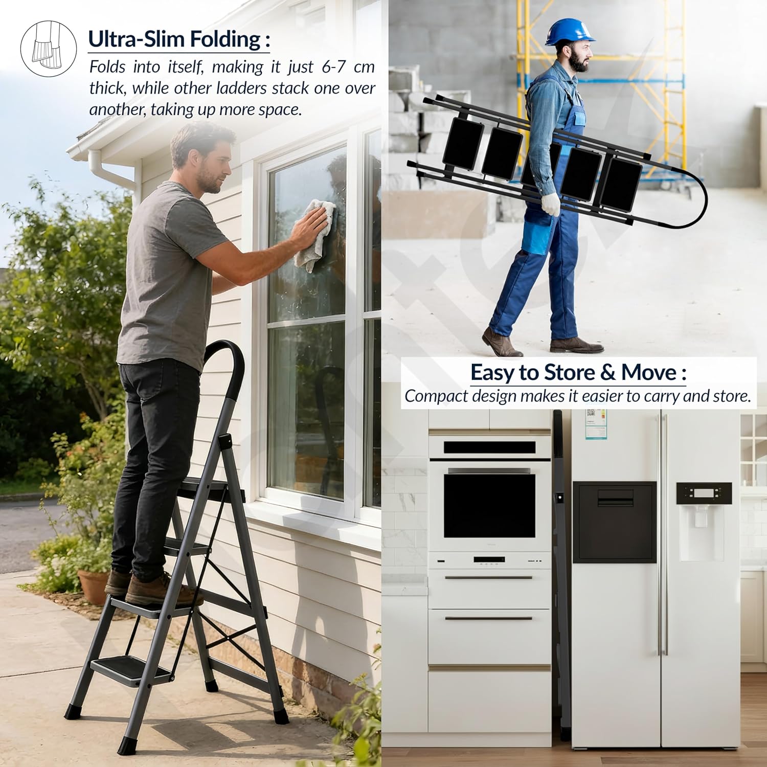 Plantex Ladder for Home 5 Steps/Foldable Ladder with Anti-Skid Wide Steps (30L x 20W cm)/Strong D-Shape Pipe with X-Support for More Stability/5 Year Warranty(Apex-Black)