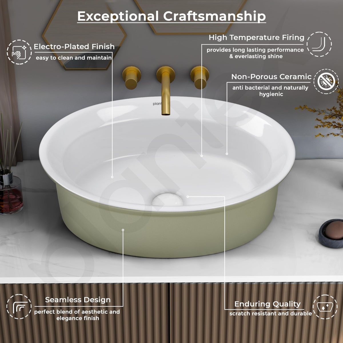 Plantex Ceramic Table Top Washbasin for Bathroom/Countertop Basin/Oval Counter Top Wash Basin for Home/Office/Hotel (21x16x6 Inch - White&Green)-3