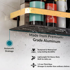 Plantex Self Adhesive Bathroom Shelf/Bathroom Shelf for Wall Adhesive/Aluminium Wall Mounted Rack for Kitchen with Golden Railing and Magic Stickers-(12x5 inches, Gold & Black)-3