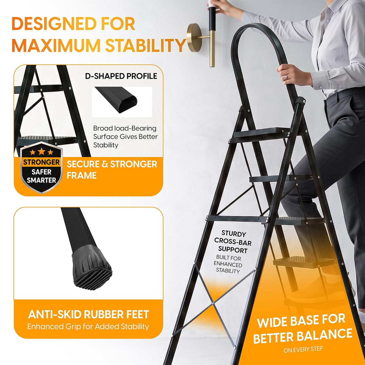HOUZA Steel Ladder for Home 7 Steps Foldable with Anti-Skid Wide Steps (30cm x 20cm) | 7 Step Ladder for Home Use with D-Shape Rods | Secure Lock | 150 Kg Capacity Folding Ladder | 5 Year Warranty