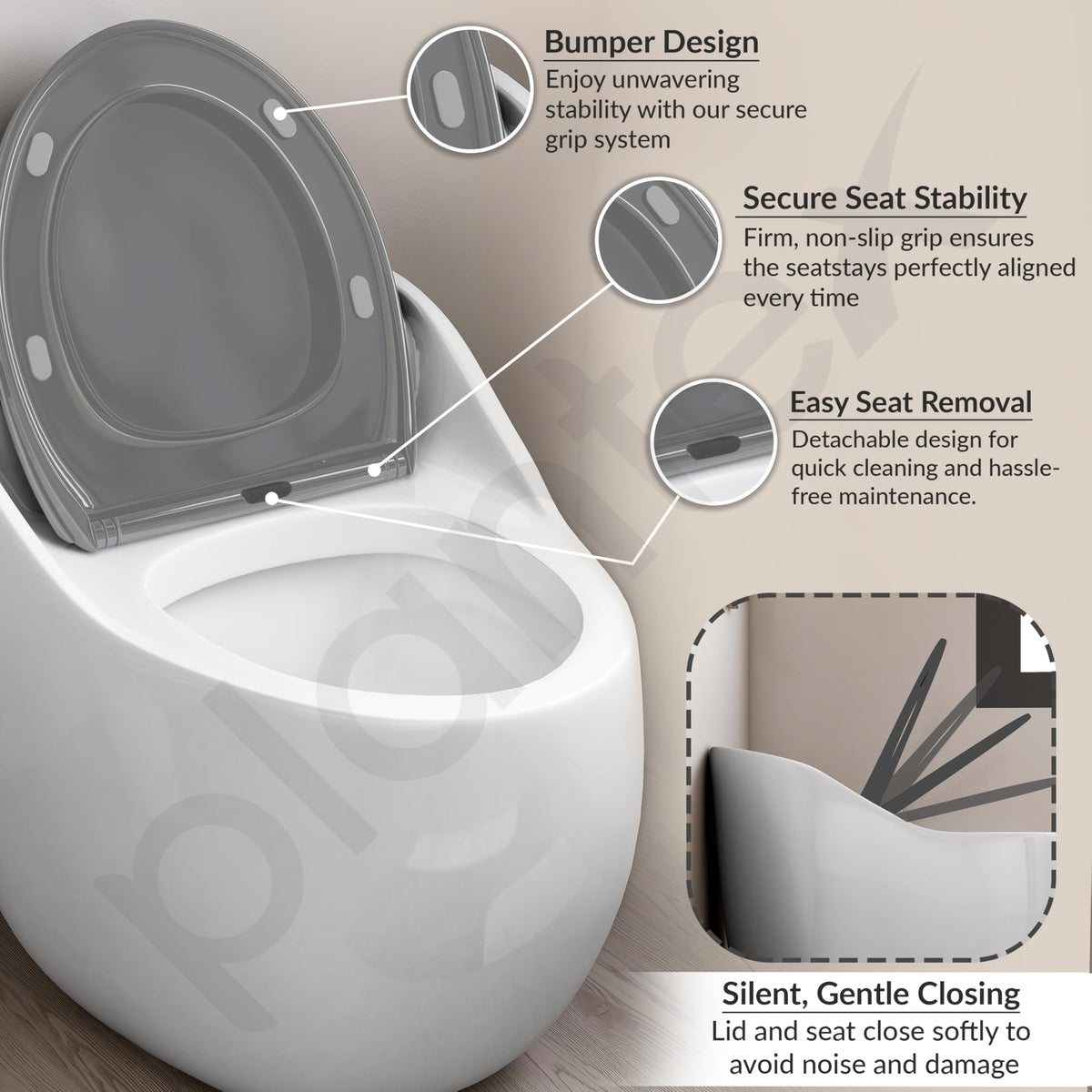 Plantex Platinum Ceramic Rimless Commode/One Piece Western Toilet/Siphonic Flush Western Commode with Soft Close Toilet Seat - S Trap Outlet (White & Grey)-6