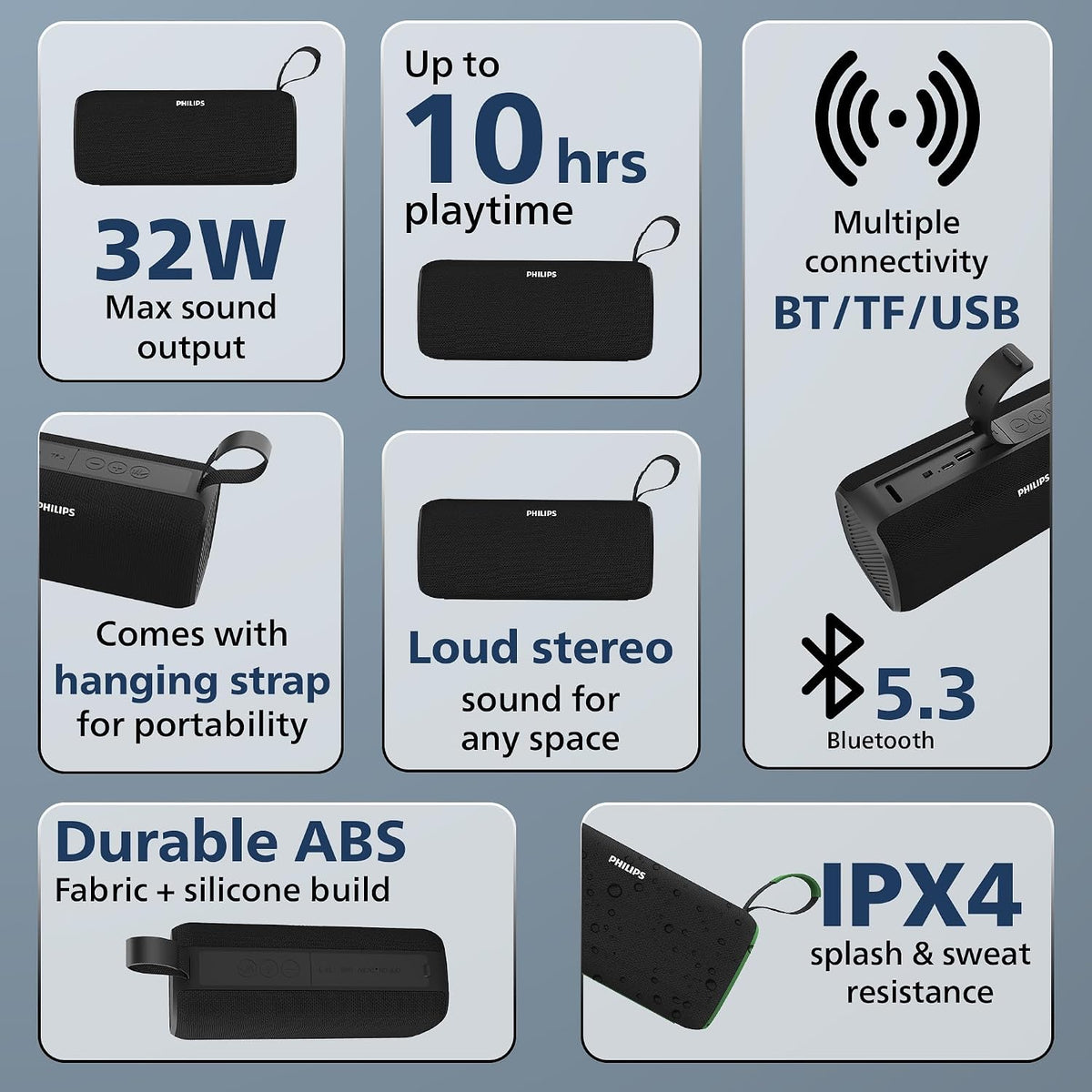Philips Audio TAS2400BK Portable Bluetooth Speaker with Stereo Sound, 32W RMS, 2400mAh Rechargeable Battery