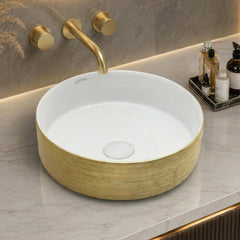 Plantex Ceramic Table Top Wash Basin/Small Washbasin for Bathroom/Countertop Vessel Sink Basin(Gold&White -14 x14x5 Inch)-1