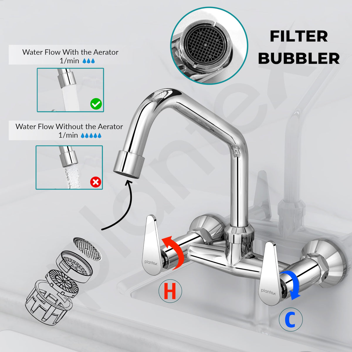 Plantex Pure Brass Sink Mixer Tap Hot and Cold/Kitchen Sink Tap/Water Mixer Tap for Kitchen Sink with Brass Wall Flange and Teflon Tape- 7 Year Warranty by Plantex (LEA-714 -Chrome)-4