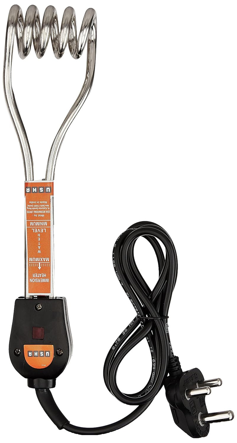 Usha Armor 1100W Dry Iron with Shockproof Plastic Body, Black Soleplate, Overheat Safety, 180° Swivel Cord, Purple White and Usha IH2415 1500W Immersion Heater, Copper, Silver