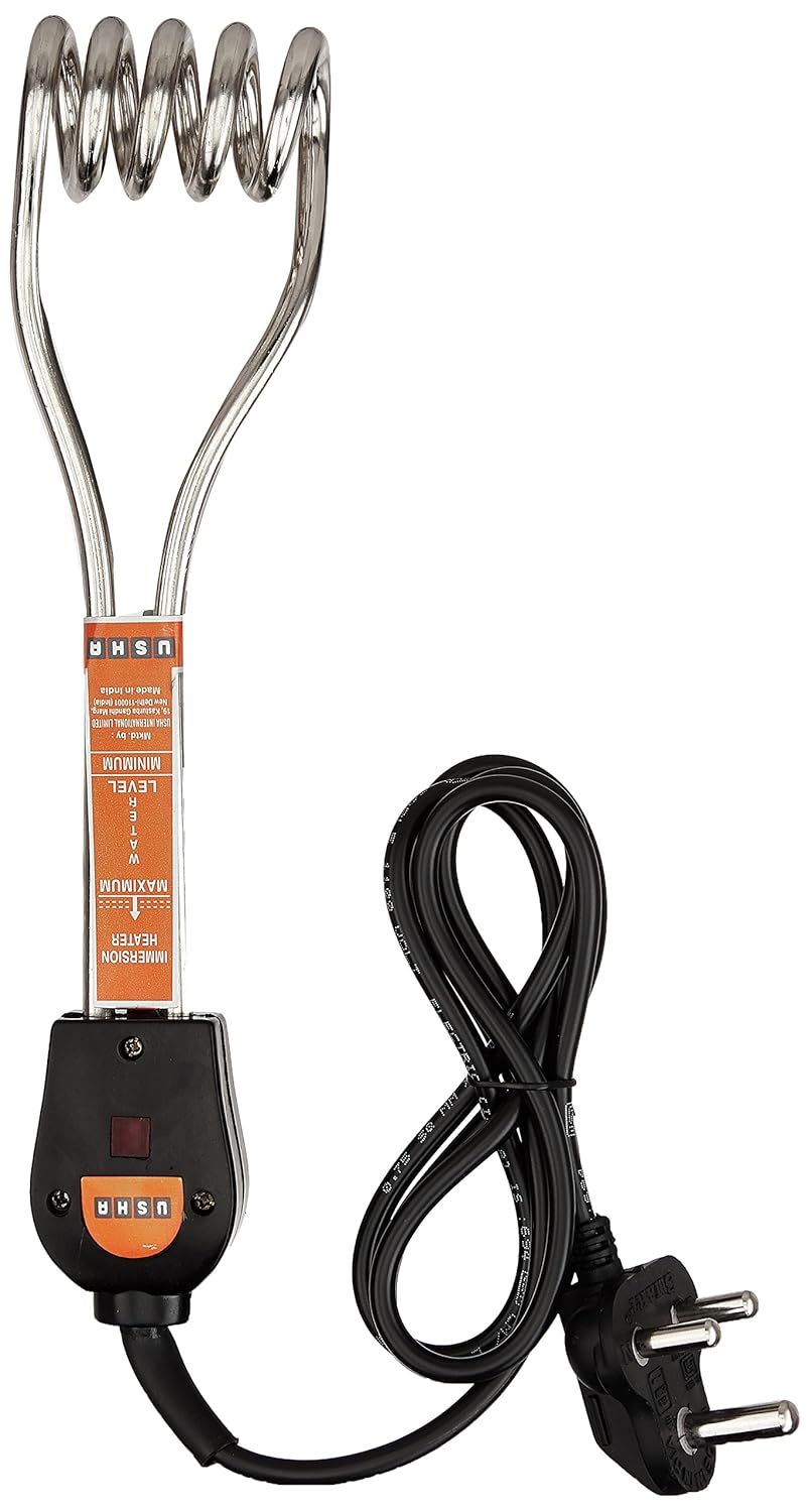 Usha Armor 1100W Dry Iron with Shockproof Plastic Body, Black Soleplate, Overheat Safety, 180° Swivel Cord, Purple White and Usha IH2415 1500W Immersion Heater, Copper, Silver