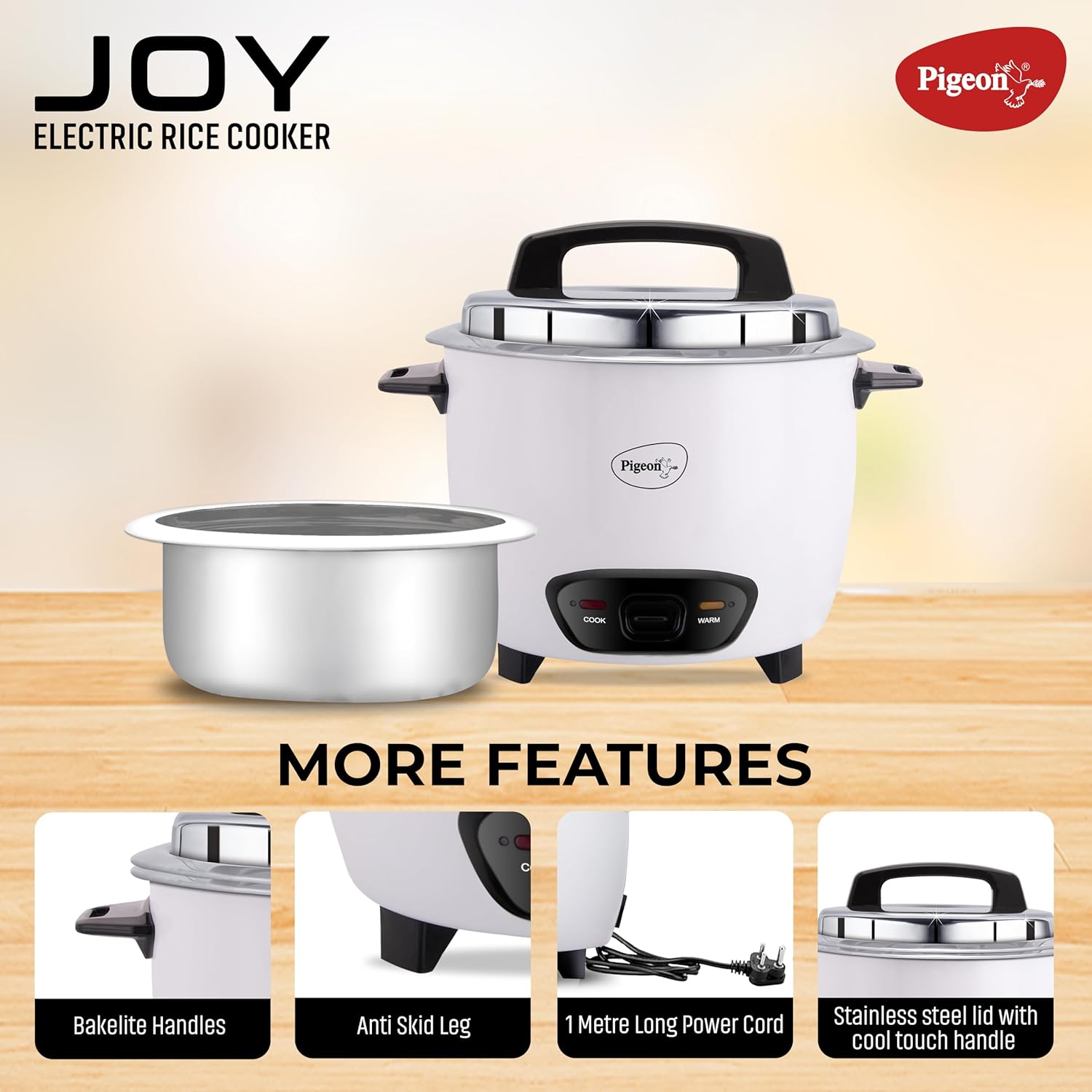 Pigeon by Stovekraft Joy Rice Cooker with Single pot, 1 litres. (White) | Toughened Glass Lid | 400 Watts | Aluminium Cooking Pot | Measuring Cup| Spatula | Energy Efficient Cooking