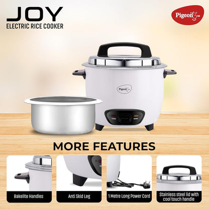 Pigeon by Stovekraft Joy Rice Cooker with Single pot, 1 litres. (White) | Toughened Glass Lid | 400 Watts | Aluminium Cooking Pot | Measuring Cup| Spatula | Energy Efficient Cooking