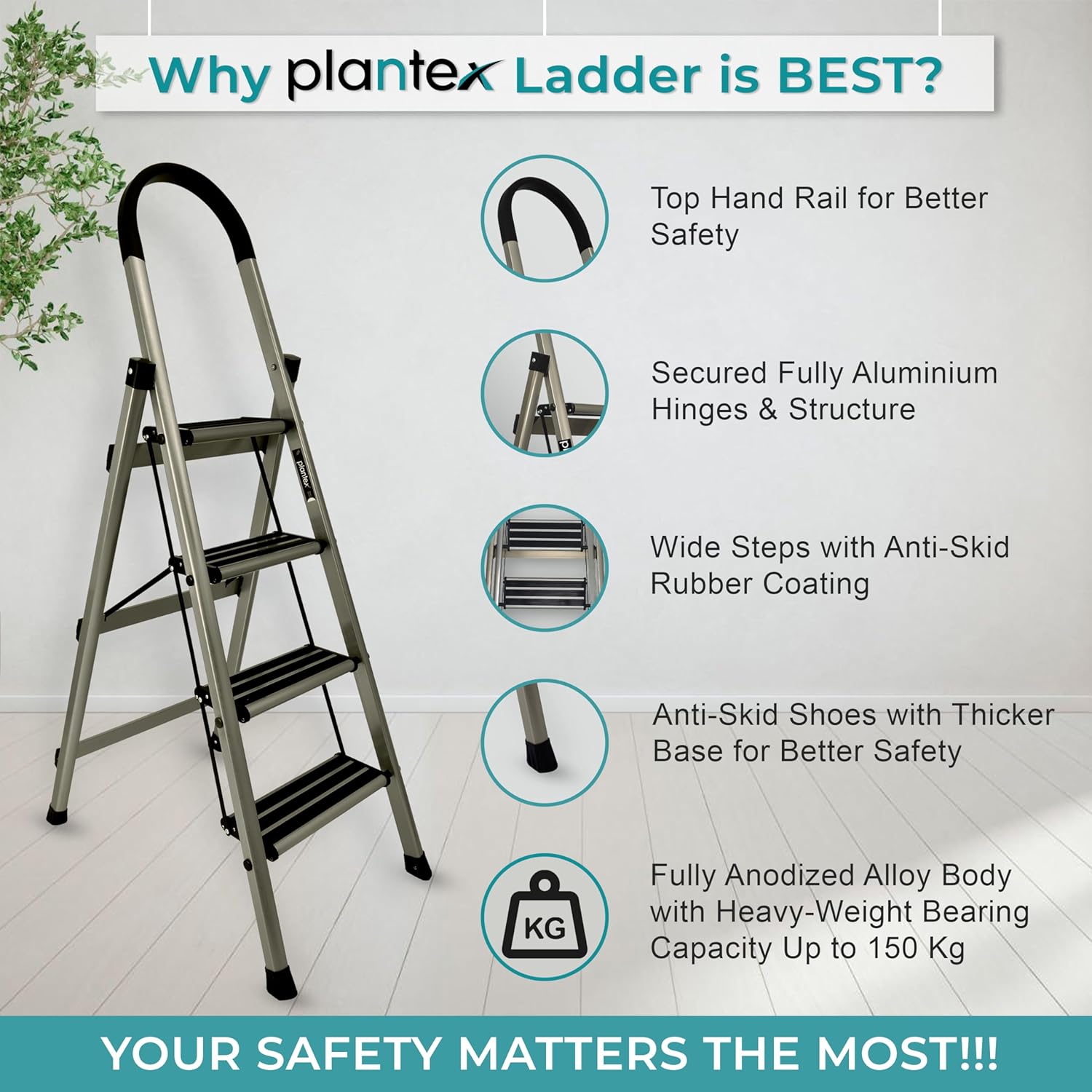 Plantex Guardex 4 Step Foldable Aluminum Ladder for Home/Ladder with Anti-Slip Shoes and Edge Guards/5 Year Manufacturer Warranty (Anodize Coated-Gold)