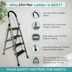 Plantex Guardex 4 Step Foldable Aluminum Ladder for Home/Ladder with Anti-Slip Shoes and Edge Guards/5 Year Manufacturer Warranty (Anodize Coated-Gold)