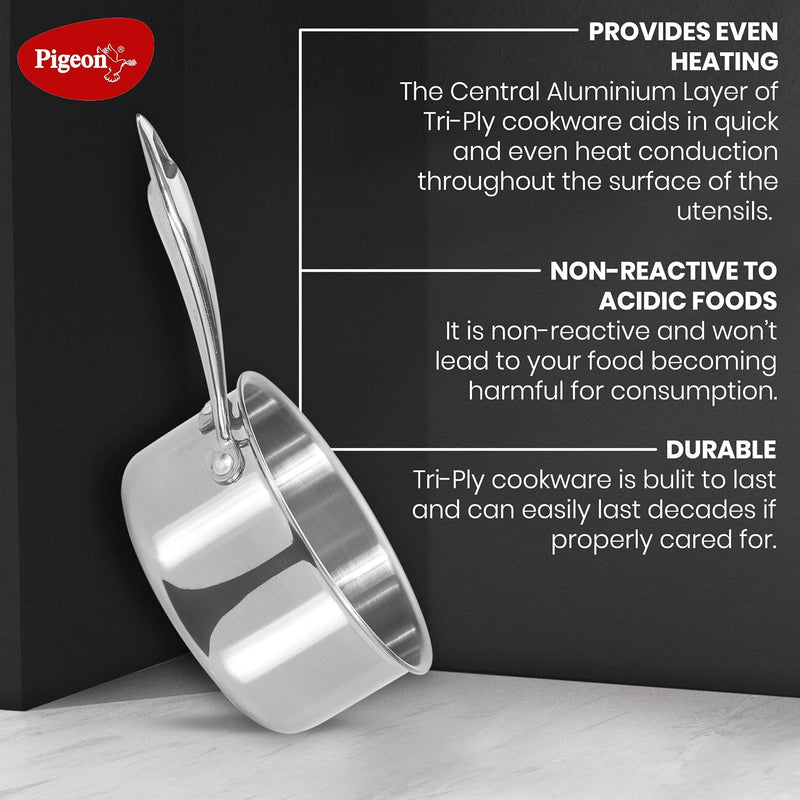 Pigeon Elite Stainless Steel Triply Sauce Pan / Tope, Gas Stove and Induction Compatible