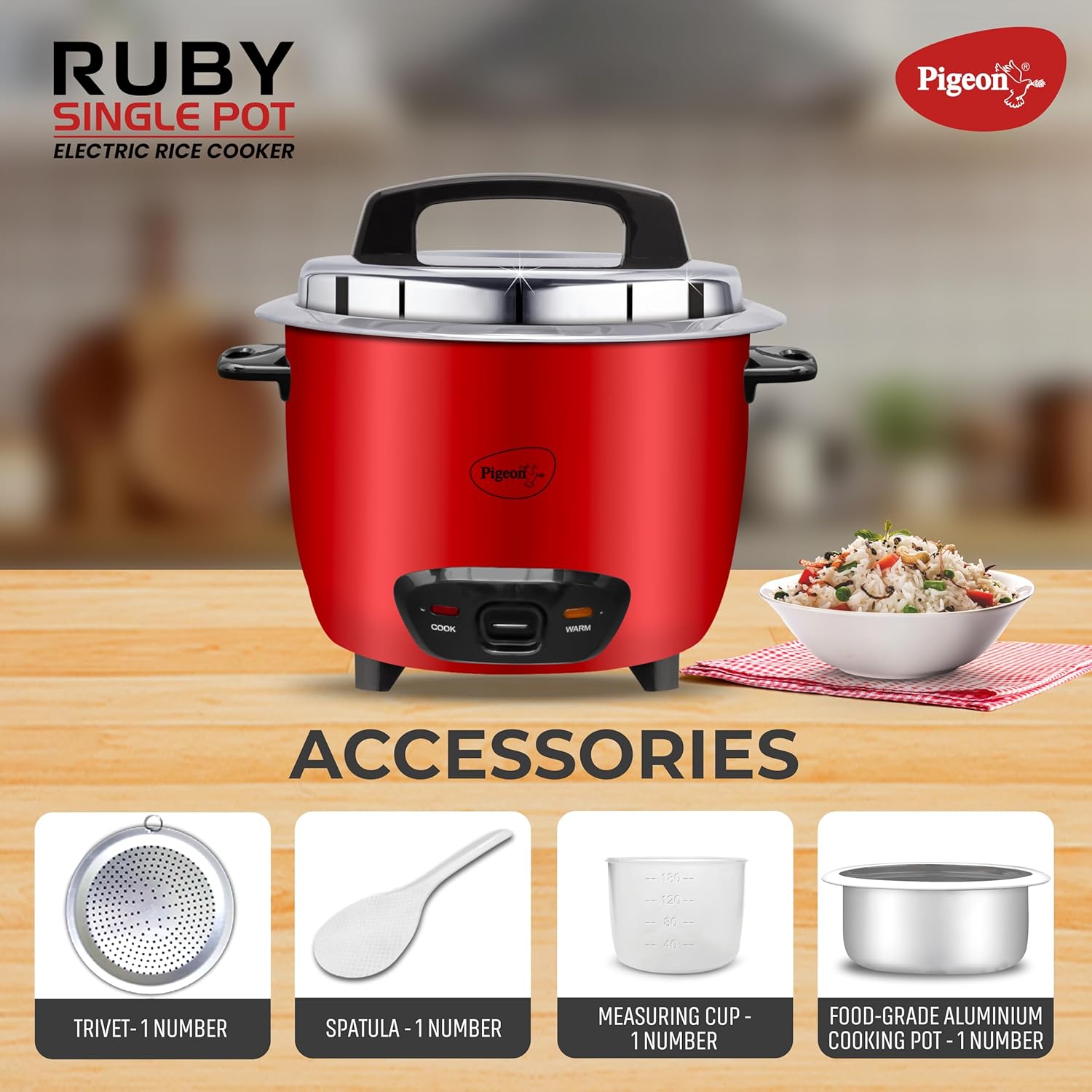 Pigeon by Stovekraft Ruby Rice Cooker with Single pot, 1.8 litres.(Red) | Toughened Glass Lid | 700 Watts | 1 Aluminium Cooking Pot | Measuring Cup| Spatula | Energy Efficient Cooking