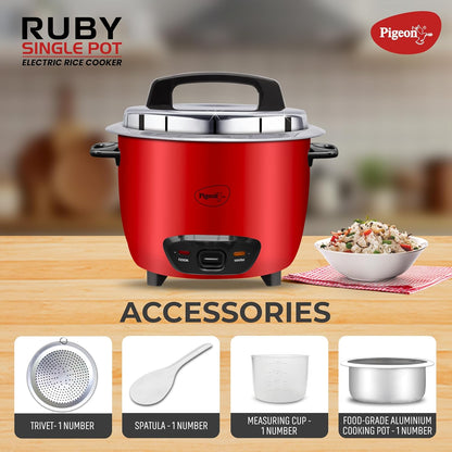 Pigeon by Stovekraft Ruby Rice Cooker with Single pot, 1.8 litres.(Red) | Toughened Glass Lid | 700 Watts | 1 Aluminium Cooking Pot | Measuring Cup| Spatula | Energy Efficient Cooking