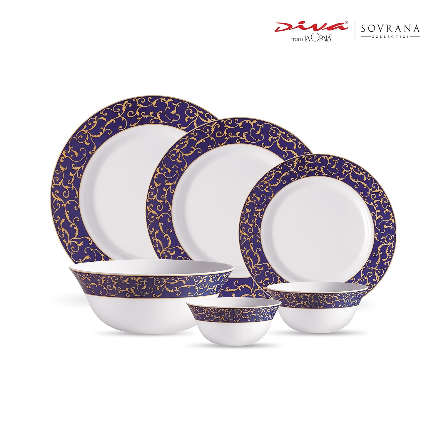 La Opala Diva Sovrana Collection Opal Glass Crockery | For Family of 6 | Dinner Set 33 pcs Anassa Blue | Plates & Bowls for Dining | Microwave Safe | 100% Vegetarian | Extra Strong | Light & White