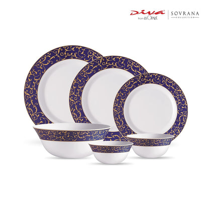 La Opala Diva Sovrana Collection Opal Glass Crockery | For Family of 6 | Dinner Set 33 pcs Anassa Blue | Plates & Bowls for Dining | Microwave Safe | 100% Vegetarian | Extra Strong | Light & White