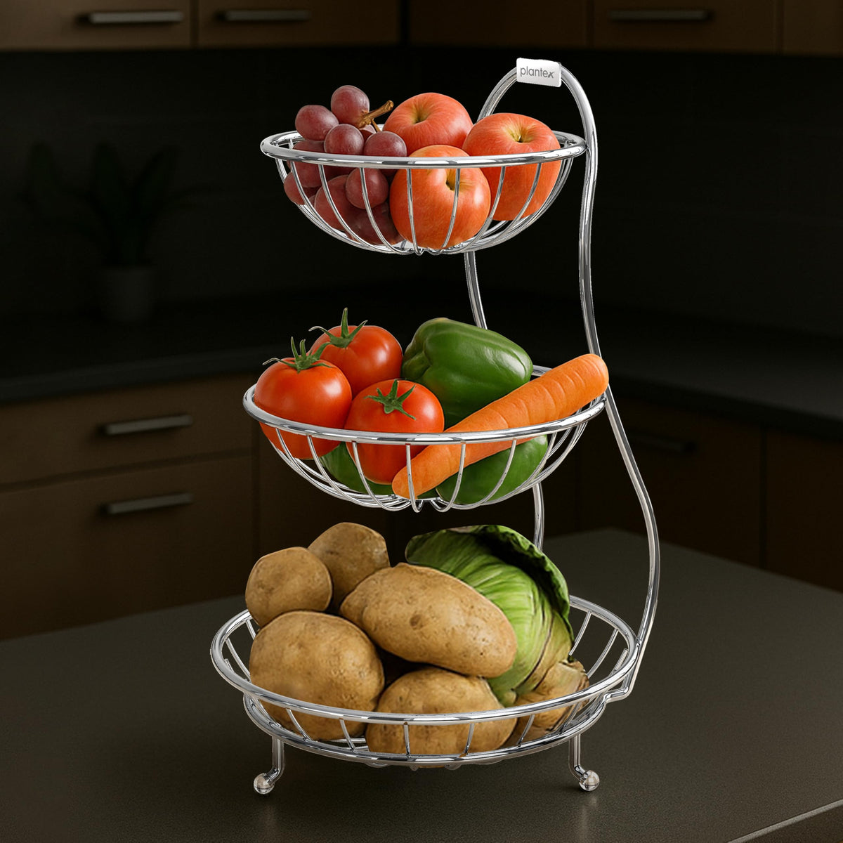 Plantex Elegant High Grade Stainless Steel 3-Tier Fruit & Vegetable Basket for Dining Table/Kitchen-Big Size(Chrome), Solid-1