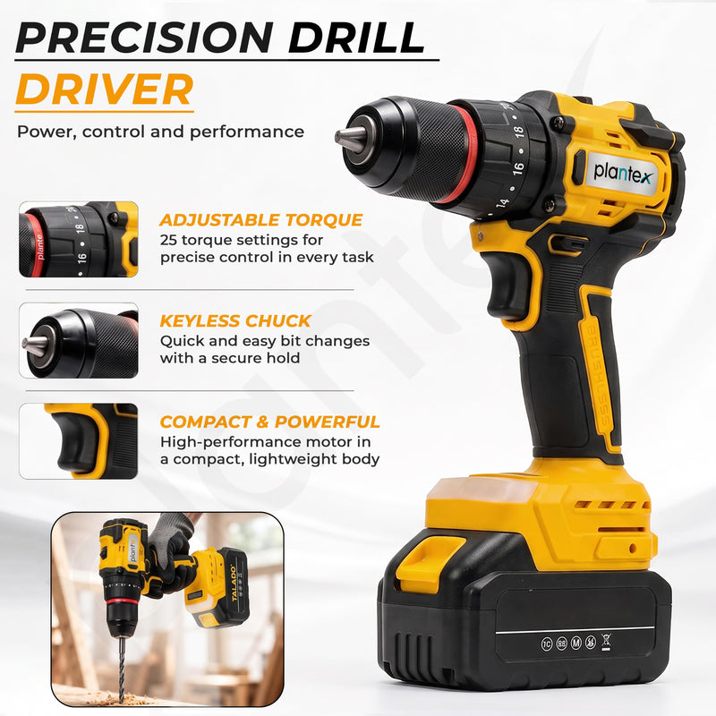 Plantex 4-in-1 Cordless Power Tool Kit 21V/Brushless Drill, Impact Wrench, Rotary Hammer & Angle Grinder/3 Batteries & Case Yellow (APS-ML004)-3